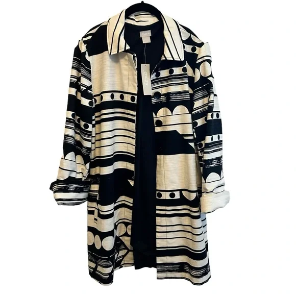 💥NWT💥Chico’s Black and White Linen Coat Size 1 - Picture 2 of 7